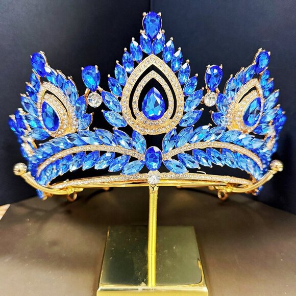 Quinceanera Crown, Blue Rhinestone Crown, Large Size Crown, Gold Crystal Crown main image 7